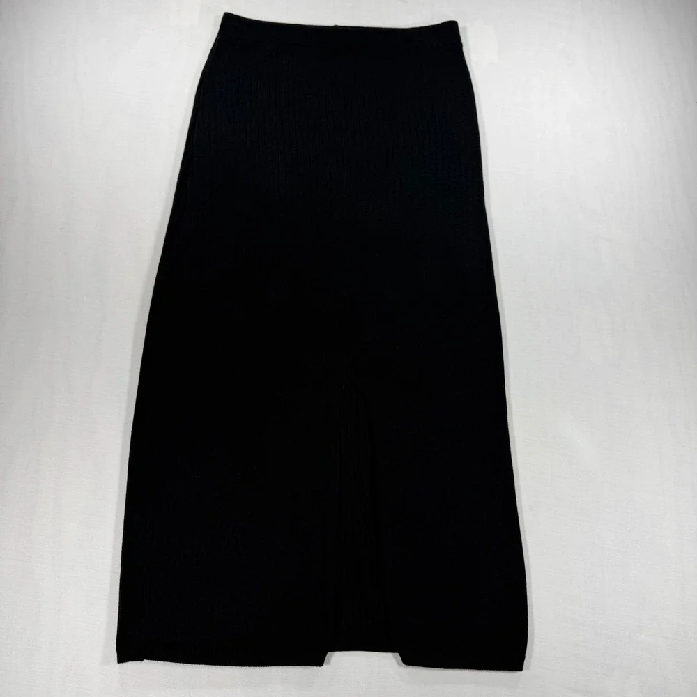 Free People Black Ribbed Knit Midi Skirt Front Slit Elastic Waist Size M
